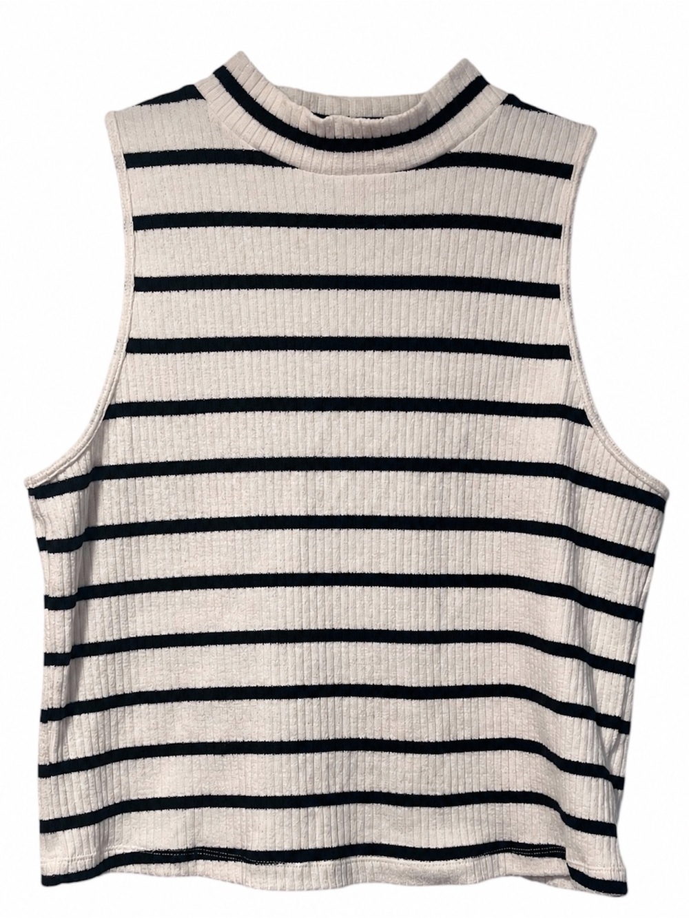 Old Navy XL Ribbed Mock Neck Sleeveless Sweater Tank Cream Black Striped Top